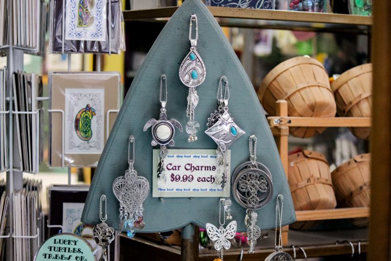 Silver car charms 9.99 each at Celtic connection downtown. Silver and turquoise with irish knot